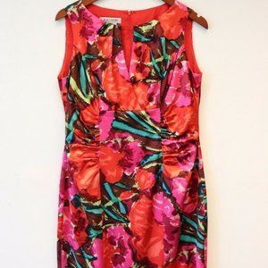 Kay Unger Sleeveless Red Pink Abstract Floral Midi Dress Sz 8 #290